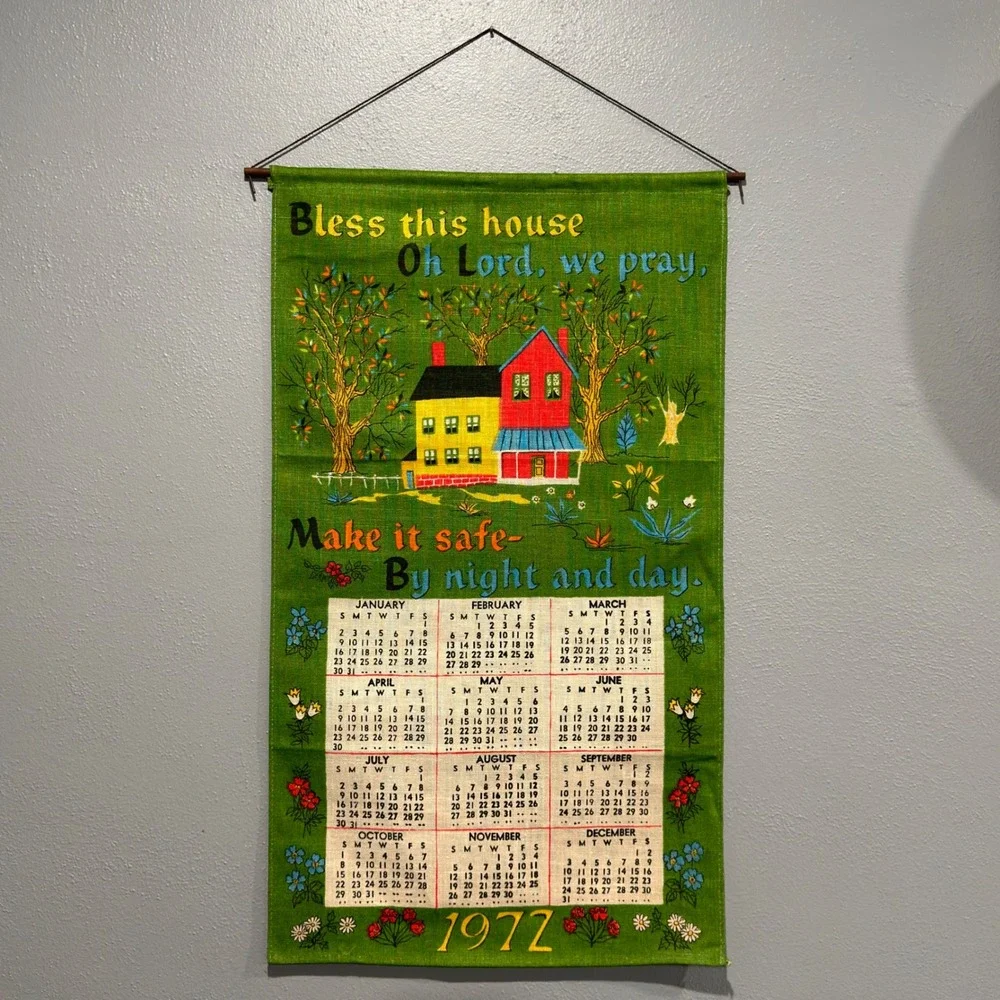 Vintage 1972 Linen Calendar Tea Towel Wall Hanging Bless This House Green 16x28